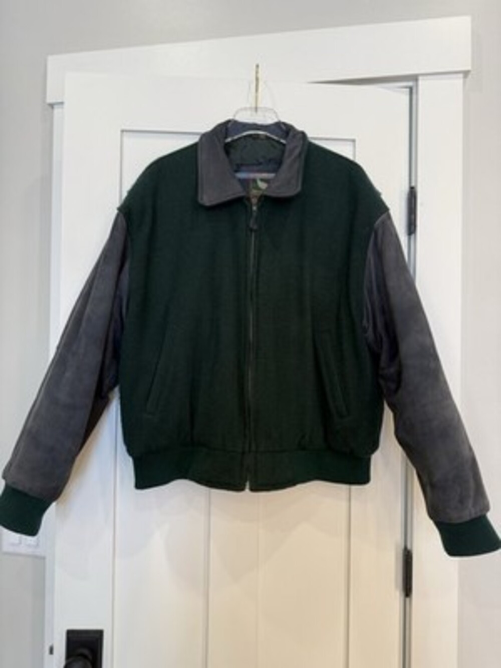 Vintage Field and Stream Bomber Jacket Mens Large Green Wool & Blue Suede